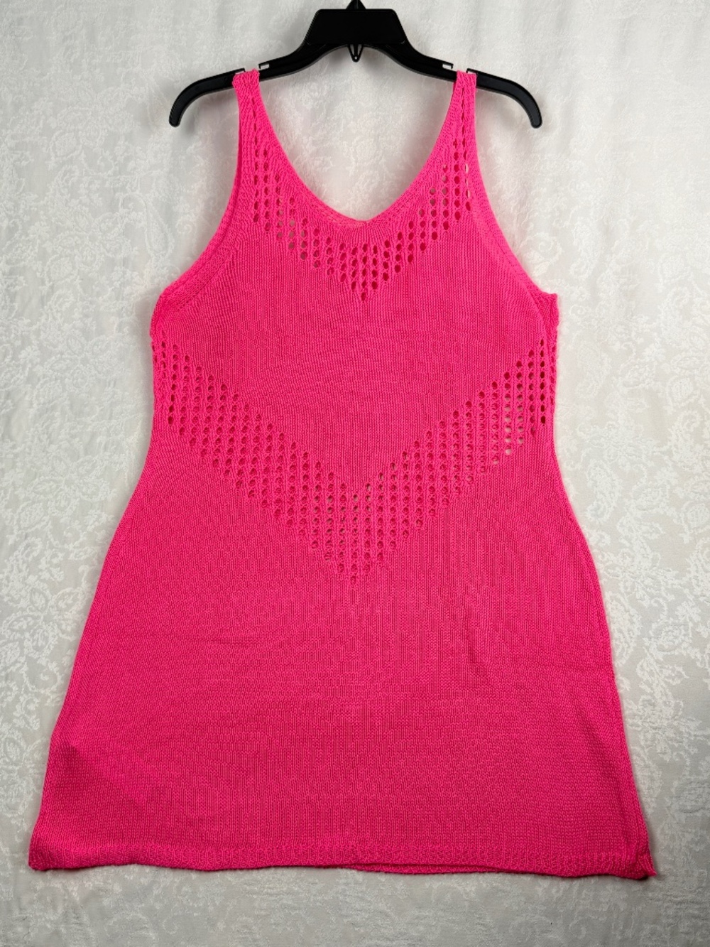 Women's XL Pink Crochet Swim Cover Up Dress Sleeveless Mini Beach Vacation Boho